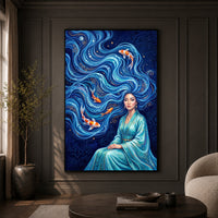Elegant Woman with Flowing Water Hair Koi Fish Artistic Canvas Print Wall Art - Mockup Display 9