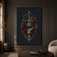 Gothic Snake & Skull Sword with Red Roses Illustrative Canvas Print Wall Art, Dark Fantasy Decor - Mockup Display 9