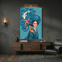 Vibrant Woman with Koi Fish Artistic Canvas Print Wall Art, Elegant Home Decor - Mockup Display 9