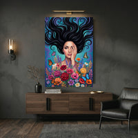 Vibrant Woman with Flowing Hair and Flowers Canvas Print Wall Art, Enchanting Decor - Mockup Display 9