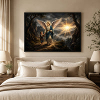 Divine Guardian Angel & Child Oil Painting Style Canvas Print Wall Art, Serene Landscape - Mockup Display 9