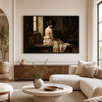 Contemplative Woman Classical Oil Painting Style Canvas Print Wall Art, Elegant - Mockup Display 9