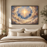 Radiant Cross in Divine Clouds Oil Painting Style Canvas Print Wall Art, Spiritual Decor - Mockup Display 9