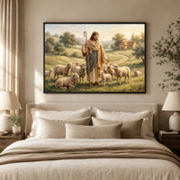 Good Shepherd Jesus Christ Oil Painting Style Canvas Print Wall Art, Serene Biblical Landscape - Mockup Display 9