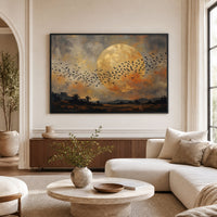 Flock of Birds Full Moon Landscape Oil Painting Style Canvas Print Wall Art for Home - Mockup Display 9