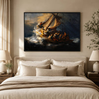 Rembrandt's Storm Sea Galilee Oil Painting Style Canvas Print Wall Art, Museum Quality - Mockup Display 9