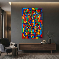 Geometric Faces Stretched Canvas Wall Art, Colorful Modern Portrait Print, Bold Living Room Decor