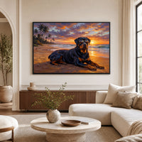 Cool Rottweiler Dog Oil Painting Style Canvas Print Wall Art, Tropical Sunset - Mockup Display 9