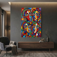 Colorful Abstract Faces Stretched Canvas Wall Art, Modern Geometric Portrait Print, Bold Room Decor