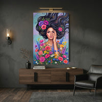 Vibrant Boho Woman & Flowers Canvas Print Wall Art, Expressive Modern Decor - Mockup Display 9