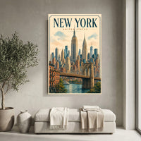 New York City Vintage Illustration Skyline Brooklyn Bridge Canvas Print Wall Art, Iconic - Mockup Display 10