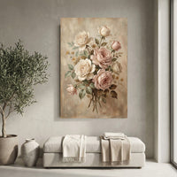 Romantic Blush & Cream Roses Oil Painting Style Canvas Print Wall Art, Elegant Home Decor - Mockup Display 10