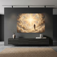 Jesus Walking on Clouds Oil Painting Style Canvas Print Wall Art, Spiritual Light - Mockup Display 10