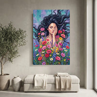 Woman in Wildflowers Oil Painting Style Canvas Print Wall Art with Vibrant Hues - Mockup Display 10