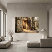 Ancient Church Entrance Sunlit Path Oil Painting Style Canvas Print Wall Art - Mockup Display 10