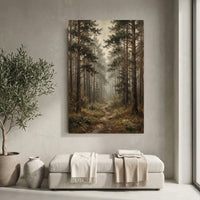 Misty Pine Forest Pathway Oil Painting Style Canvas Print Wall Art, Serene Decor - Mockup Display 10