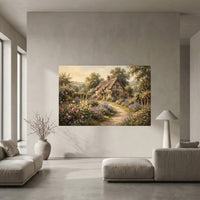 Charming English Cottage Garden Oil Painting Style Canvas Print Wall Art, Rustic Charm - Mockup Display 10
