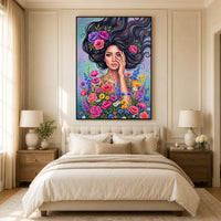 Vibrant Boho Woman & Flowers Canvas Print Wall Art, Expressive Modern Decor - Mockup Display 10