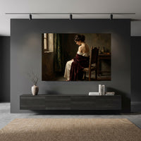 Contemplative Woman in Red Shawl, Classical Oil Painting Style Canvas Print Wall Art, Elegant. - Mockup Display 10