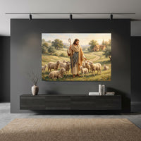 Good Shepherd Jesus Christ Oil Painting Style Canvas Print Wall Art, Serene Biblical Landscape - Mockup Display 10