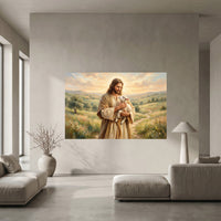 Jesus Christ Good Shepherd Oil Painting Style Canvas Print Wall Art, Spiritual Decor - Mockup Display 10