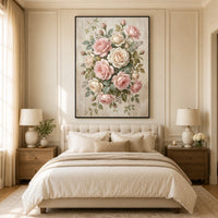 Romantic Pink Cream Roses Floral Oil Painting Style Canvas Print Wall Art Elegant Decor - Mockup Display 10