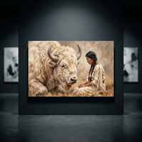 White Bison & Native American Woman Oil Painting Style Canvas Print Wall Art, Spirit - Mockup Display 10