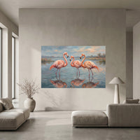 Three Pink Flamingos Oil Painting Style Canvas Print Wall Art, Serene Decor - Mockup Display 10