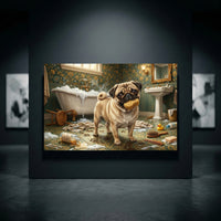 Pug Bathroom Stretched Canvas Wall Art, Humorous Dog Print, Vintage Powder Room Decor