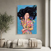 Enchanting Floral Woman Illustration Canvas Print Wall Art, Serene Beauty - Mockup Display 10