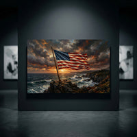 Patriotic American Flag Coastal Sunset Oil Painting Style Canvas Print Wall Art Decor - Mockup Display 10