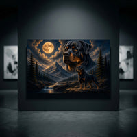 Rottweiler Dogs Moonlit Mountain Fantasy Art Style Canvas Print Wall Art, Dramatic - Mockup Display 10