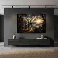 Divine Guardian Angel & Child Oil Painting Style Canvas Print Wall Art, Serene Landscape - Mockup Display 10
