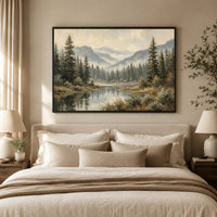 Serene Forest Lake Landscape Oil Painting Style Canvas Print Wall Art, Tranquil View - Mockup Display 10