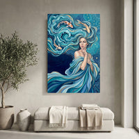 Mystical Water Woman with Koi Fish Oil Painting Style Canvas Print Wall Art Serene - Mockup Display 10