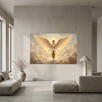 Serene Angel and Child Oil Painting Style Canvas Print Wall Art, Inspiring Divine Glow - Mockup Display 10