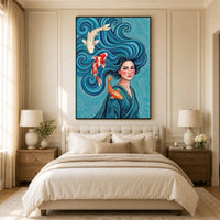 Vibrant Woman with Koi Fish Artistic Canvas Print Wall Art, Elegant Home Decor - Mockup Display 10