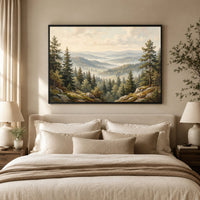 Misty Forest Landscape Oil Painting Style Canvas Print Wall Art, Serene Hills - Mockup Display 10