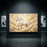 White Horse Galloping Oil Painting Style Canvas Print Wall Art, Golden Clouds - Mockup Display 10