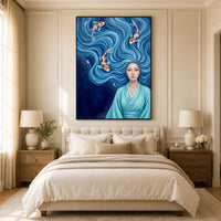 Serene Asian Woman with Flowing Blue Hair & Koi Fish Canvas Print Wall Art - Mockup Display 10