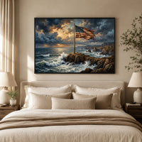 Dramatic American Flag on Rocky Coast Oil Painting Style Canvas Print Wall Art - Mockup Display 10