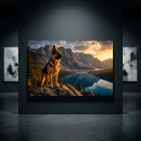 German Shepherd Dog Mountain Lake Sunset Oil Painting Style Canvas Print Wall Art, Majestic - Mockup Display 10