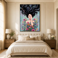 Mystical Woman with Vibrant Flowers Artistic Canvas Print Wall Art, Dreamy Portrait - Mockup Display 10
