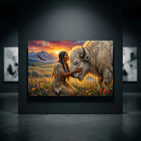 Native American Woman & White Bison Oil Painting Style Canvas Print Wall Art, Serene Landscape - Mockup Display 10