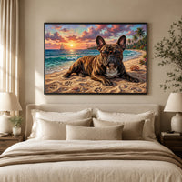 French Bulldog in Glasses on Tropical Sunset Beach Oil Painting Style Canvas Print Wall Art - Mockup Display 10