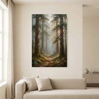 Forest Path Stretched Canvas Wall Art, Misty Woodland Print, Serene Nature Decor