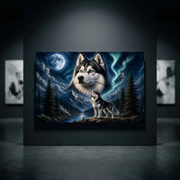Majestic Husky Dog Oil Painting Style Moonlight Aurora Canvas Print Wall Art - Mockup Display 10