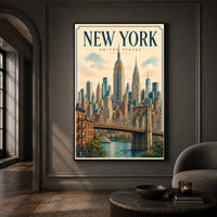 New York City Vintage Illustration Skyline Brooklyn Bridge Canvas Print Wall Art, Iconic - Mockup Display 11