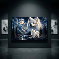Fluffy White Samoyed Dogs Mountain Night Canvas Print Wall Art Decor - Mockup Display 10