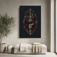 Gothic Snake & Skull Sword with Red Roses Illustrative Canvas Print Wall Art, Dark Fantasy Decor - Mockup Display 10